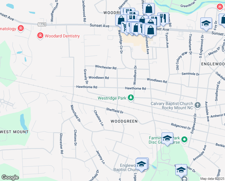 map of restaurants, bars, coffee shops, grocery stores, and more near 3705 Hawthorne Road in Rocky Mount