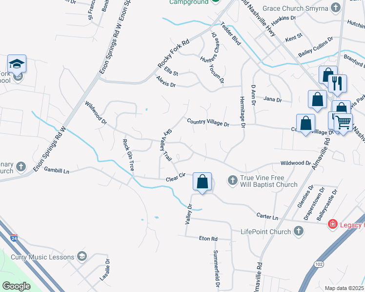 map of restaurants, bars, coffee shops, grocery stores, and more near 527 Wildwood Drive in Smyrna