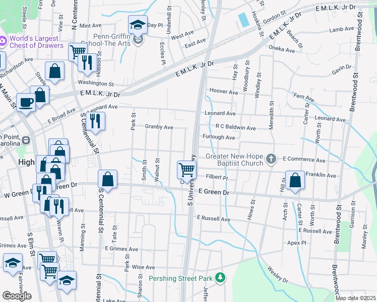 map of restaurants, bars, coffee shops, grocery stores, and more near 421 Cable Street in High Point