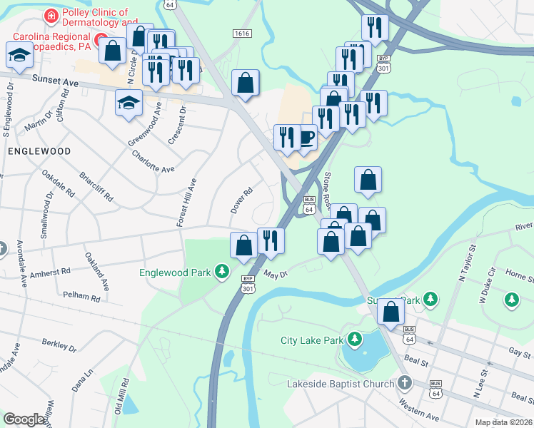 map of restaurants, bars, coffee shops, grocery stores, and more near 1119 Rosedale Avenue in Rocky Mount