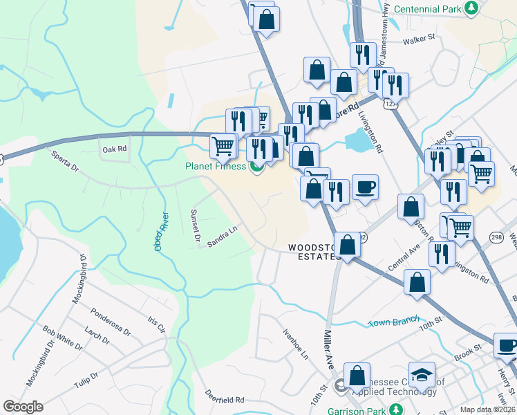 map of restaurants, bars, coffee shops, grocery stores, and more near 426 Sparta Drive in Crossville