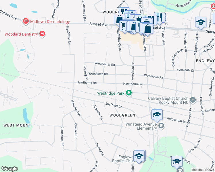 map of restaurants, bars, coffee shops, grocery stores, and more near 3709 Hawthorne Road in Rocky Mount