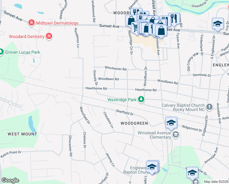 map of restaurants, bars, coffee shops, grocery stores, and more near 3809 Hawthorne Road in Rocky Mount