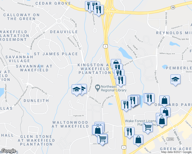 map of restaurants, bars, coffee shops, grocery stores, and more near 11702 Coppergate Drive in Raleigh