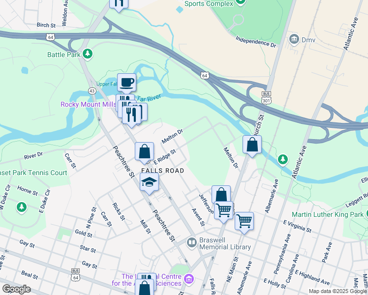 map of restaurants, bars, coffee shops, grocery stores, and more near 307 East Ridge Street in Rocky Mount