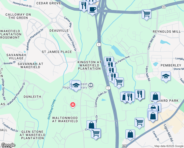 map of restaurants, bars, coffee shops, grocery stores, and more near 11731 Mezzanine Drive in Raleigh