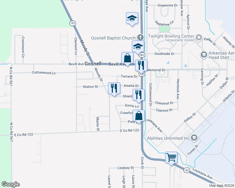 map of restaurants, bars, coffee shops, grocery stores, and more near 140 Shields Lane in Blytheville