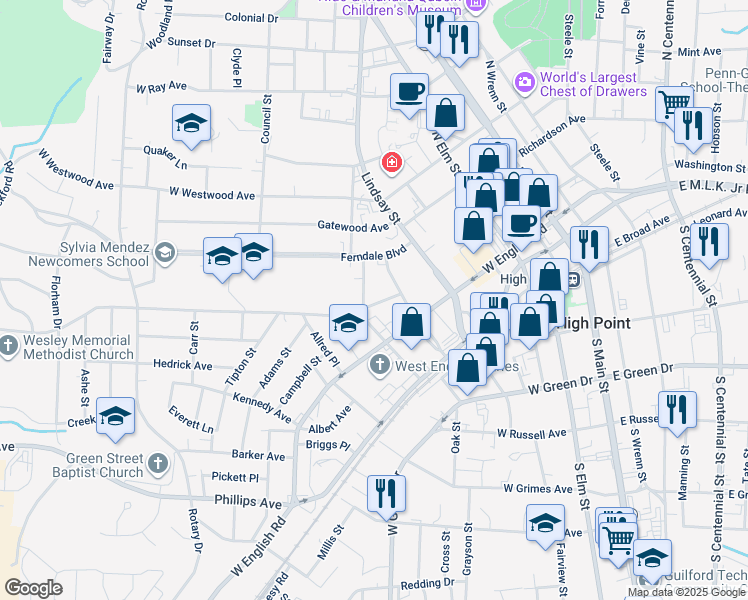 map of restaurants, bars, coffee shops, grocery stores, and more near 510 Newton Place in High Point
