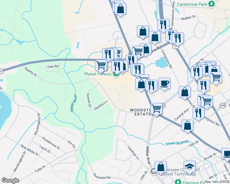 map of restaurants, bars, coffee shops, grocery stores, and more near 426 Sparta Drive in Crossville
