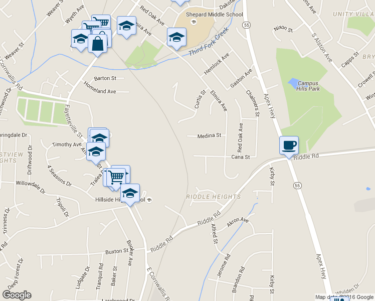 map of restaurants, bars, coffee shops, grocery stores, and more near 901 Cana Street in Durham