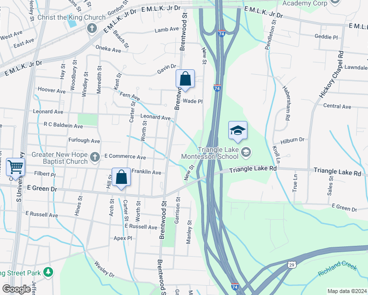 map of restaurants, bars, coffee shops, grocery stores, and more near 2316 Purdy Avenue in High Point