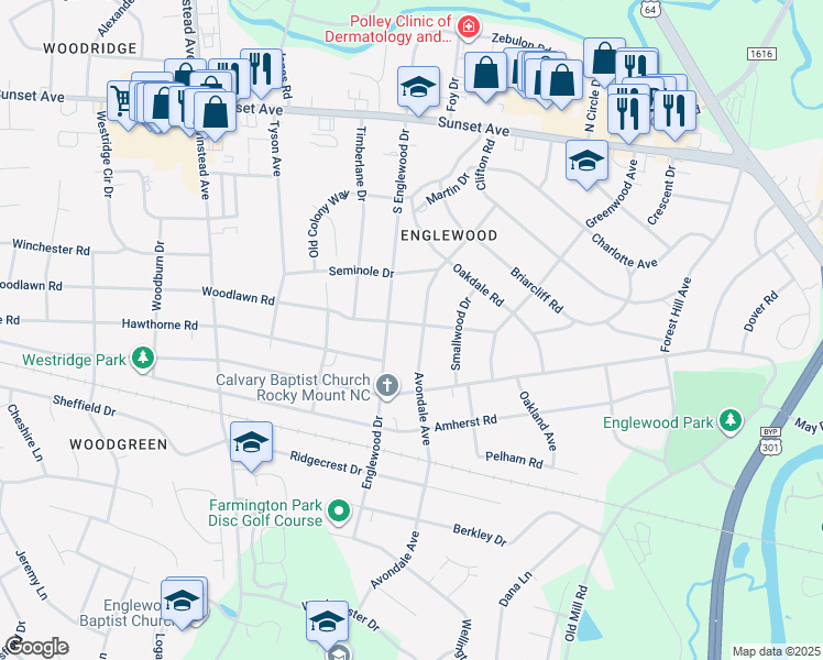 map of restaurants, bars, coffee shops, grocery stores, and more near 600 Avondale Avenue in Rocky Mount