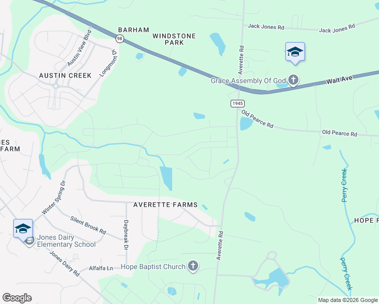 map of restaurants, bars, coffee shops, grocery stores, and more near 1205 Averette Road in Wake Forest