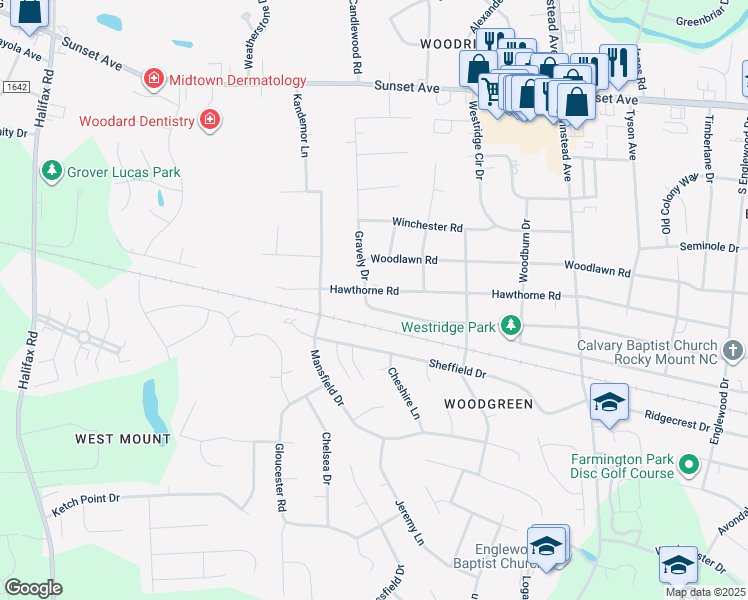 map of restaurants, bars, coffee shops, grocery stores, and more near 3821 Hawthorne Road in Rocky Mount