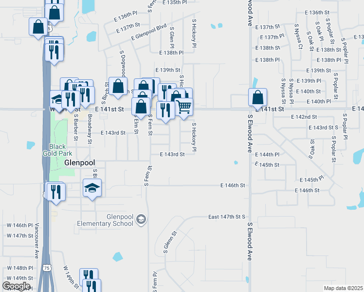 map of restaurants, bars, coffee shops, grocery stores, and more near 608 East 142nd Place in Glenpool