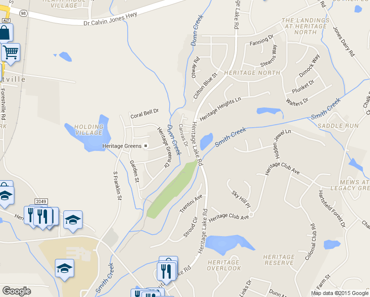 map of restaurants, bars, coffee shops, grocery stores, and more near 628 Canvas Dr in Wake Forest