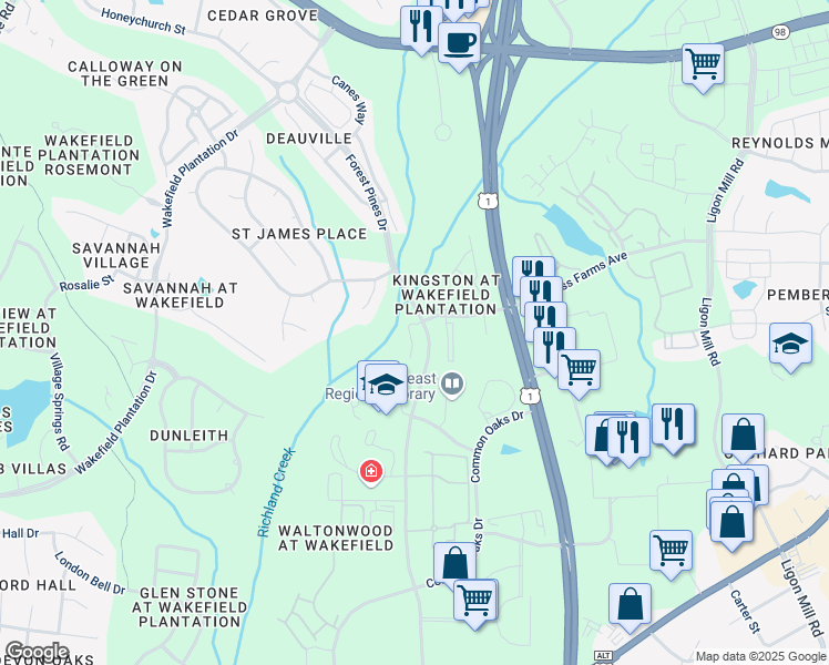 map of restaurants, bars, coffee shops, grocery stores, and more near 14334 Foxcroft Road in Raleigh