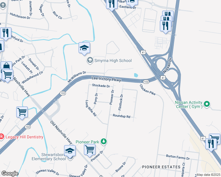 map of restaurants, bars, coffee shops, grocery stores, and more near 419 Pioneer Drive in Smyrna