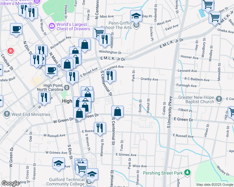 map of restaurants, bars, coffee shops, grocery stores, and more near 505 East Commerce Avenue in High Point