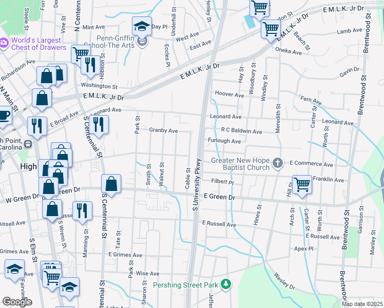 map of restaurants, bars, coffee shops, grocery stores, and more near 421 Cable Street in High Point