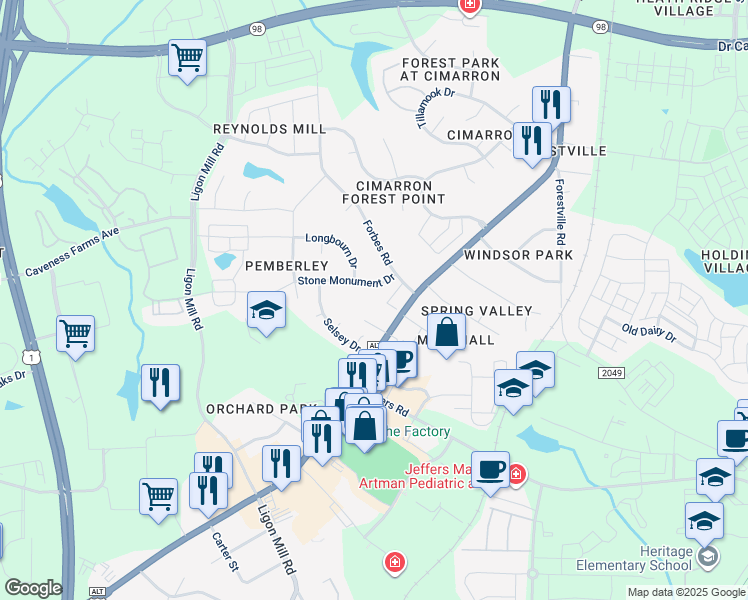 map of restaurants, bars, coffee shops, grocery stores, and more near 139 Forbes Road in Wake Forest
