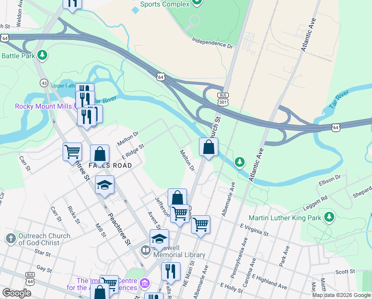 map of restaurants, bars, coffee shops, grocery stores, and more near 607 Poplar Street in Rocky Mount