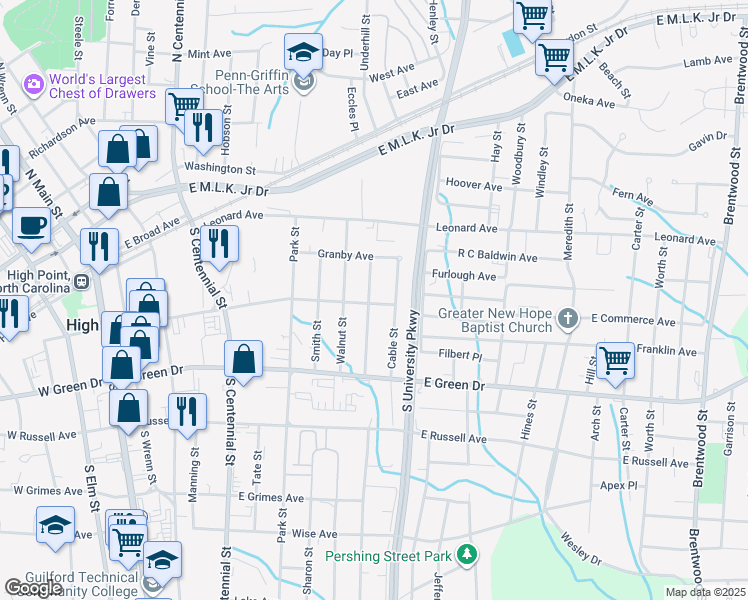 map of restaurants, bars, coffee shops, grocery stores, and more near 421 Whiteoak Street in High Point