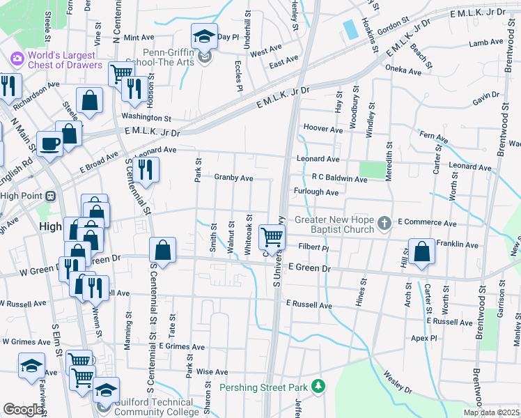 map of restaurants, bars, coffee shops, grocery stores, and more near 1007 East Commerce Avenue in High Point