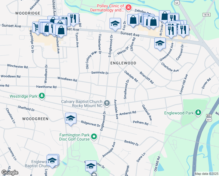 map of restaurants, bars, coffee shops, grocery stores, and more near 600 Avondale Avenue in Rocky Mount