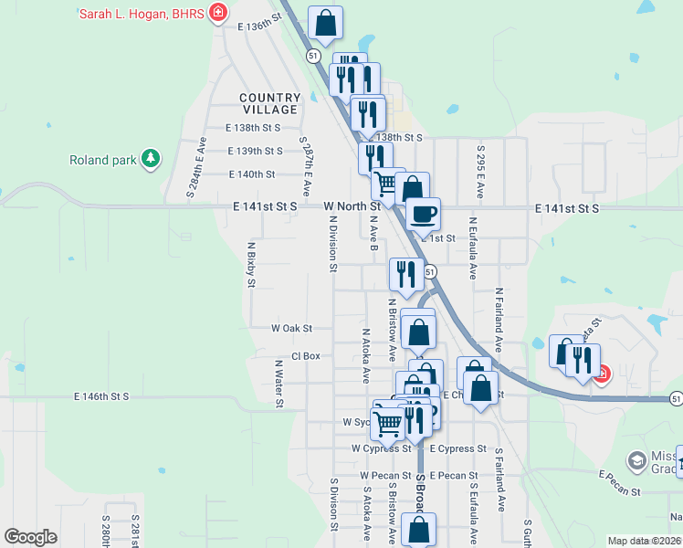 map of restaurants, bars, coffee shops, grocery stores, and more near 614 North Division Street in Coweta
