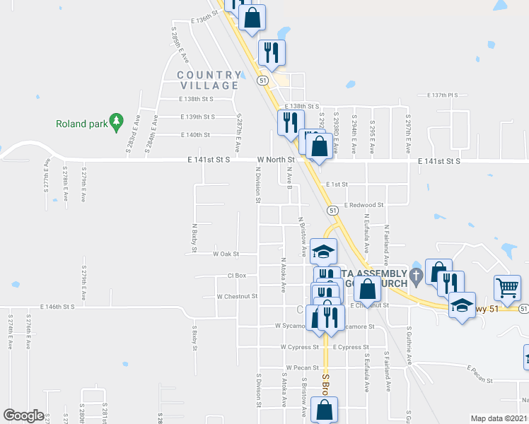 map of restaurants, bars, coffee shops, grocery stores, and more near 614 North Division Street in Coweta