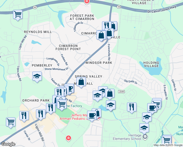 map of restaurants, bars, coffee shops, grocery stores, and more near 142 Spring Park Road in Wake Forest