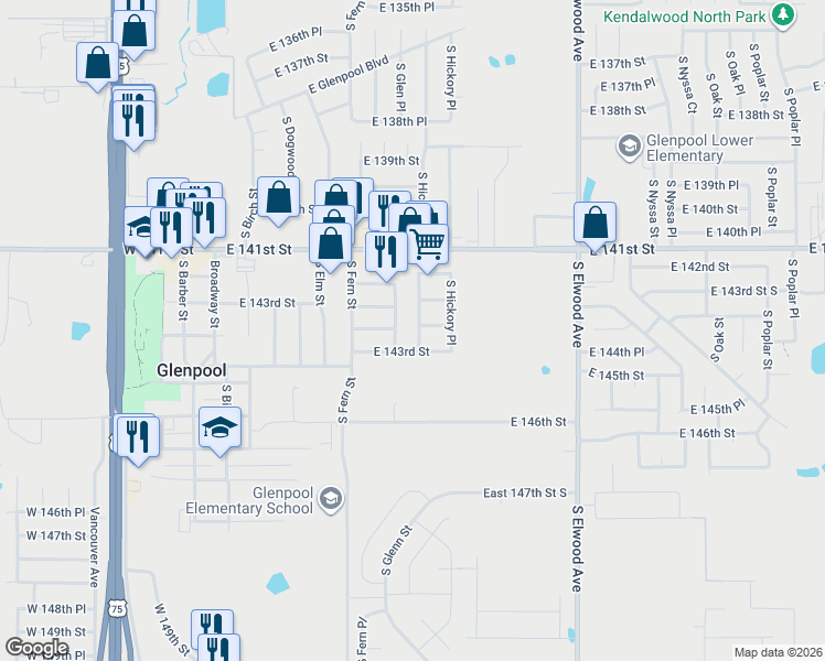map of restaurants, bars, coffee shops, grocery stores, and more near 608 East 142nd Place in Glenpool