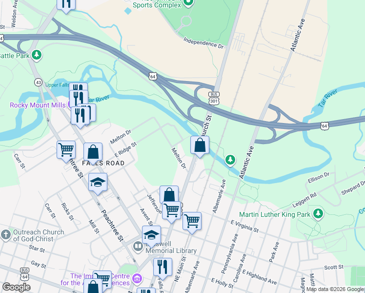 map of restaurants, bars, coffee shops, grocery stores, and more near 607 Poplar Street in Rocky Mount