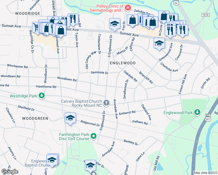 map of restaurants, bars, coffee shops, grocery stores, and more near 600 Avondale Avenue in Rocky Mount