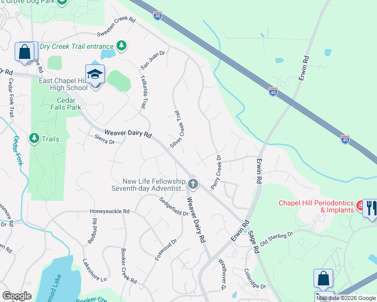 map of restaurants, bars, coffee shops, grocery stores, and more near 109 Silver Glade in Chapel Hill