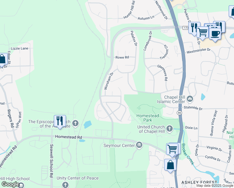 map of restaurants, bars, coffee shops, grocery stores, and more near 305 Laurens Way in Chapel Hill