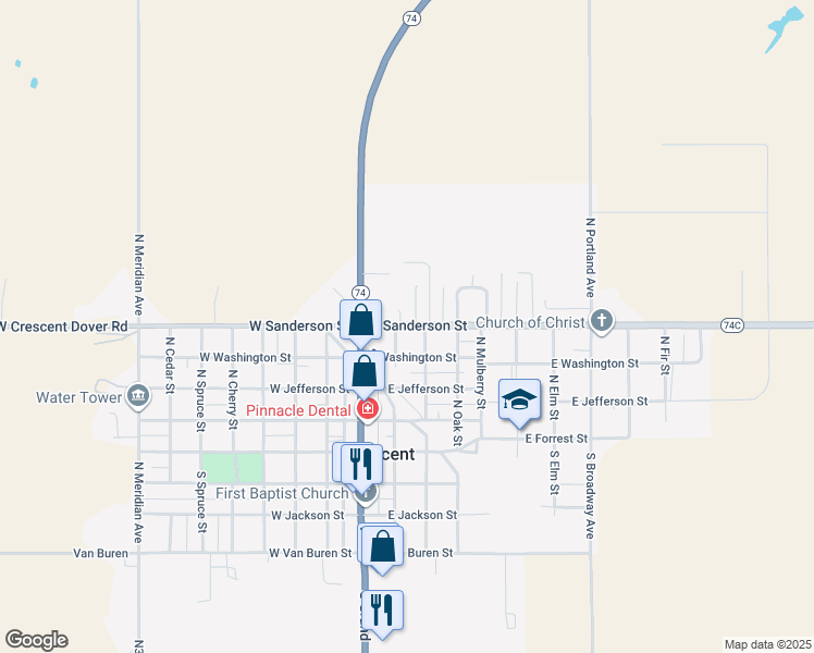 map of restaurants, bars, coffee shops, grocery stores, and more near 305 East Sanderson Street in Crescent
