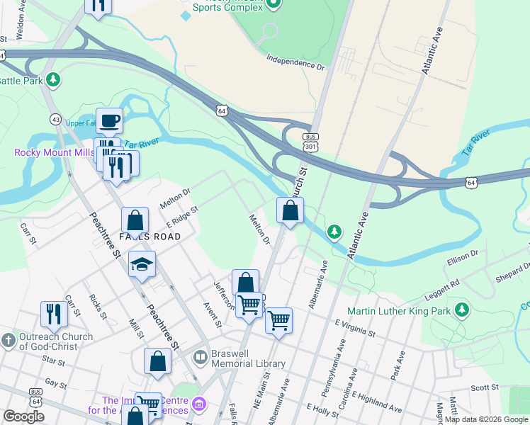 map of restaurants, bars, coffee shops, grocery stores, and more near 607 Poplar Street in Rocky Mount