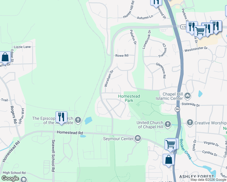 map of restaurants, bars, coffee shops, grocery stores, and more near 305 Laurens Way in Chapel Hill