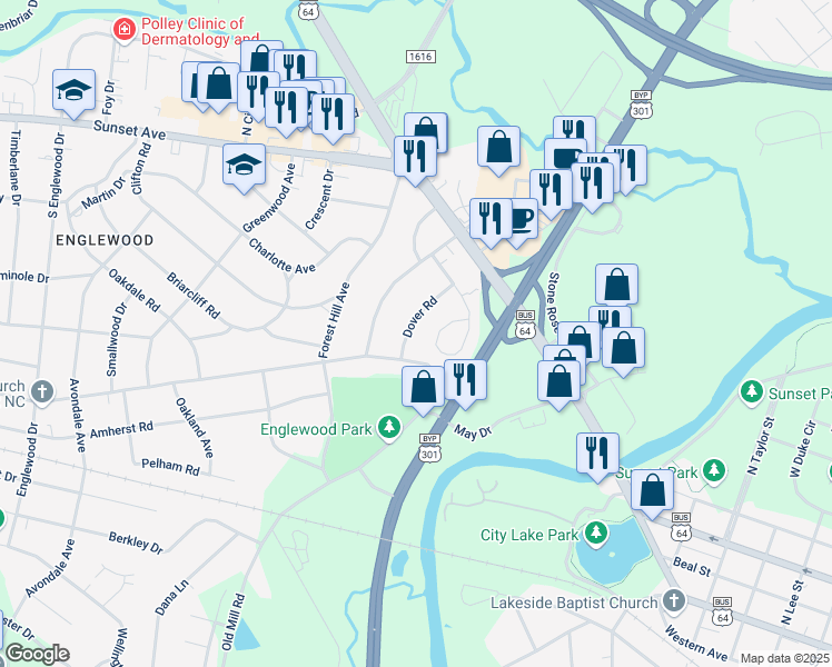 map of restaurants, bars, coffee shops, grocery stores, and more near 225 Dover Road in Rocky Mount