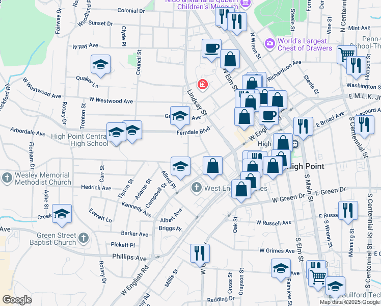 map of restaurants, bars, coffee shops, grocery stores, and more near 308 Meadow Place in High Point