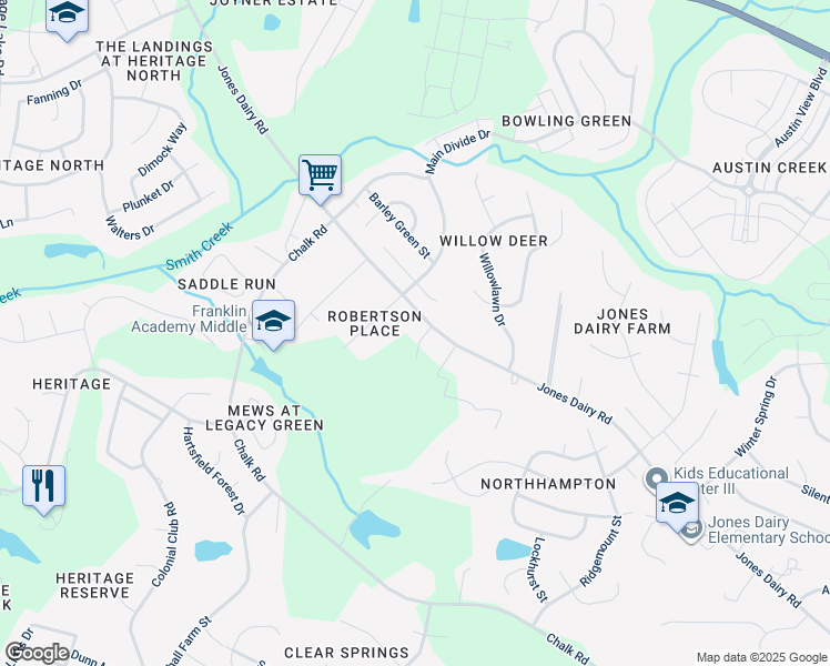 map of restaurants, bars, coffee shops, grocery stores, and more near 732 Jones Dairy Road in Wake Forest