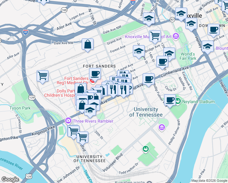 map of restaurants, bars, coffee shops, grocery stores, and more near 712 18th Street in Knoxville