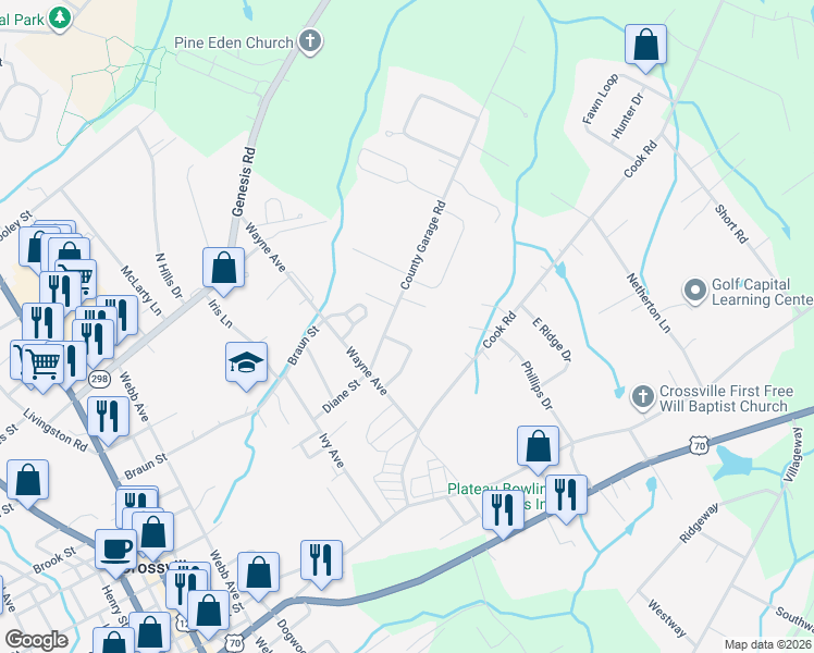 map of restaurants, bars, coffee shops, grocery stores, and more near 130 County Garage Rd in Crossville