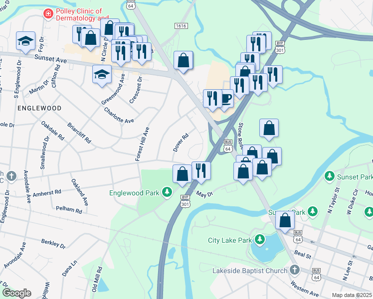 map of restaurants, bars, coffee shops, grocery stores, and more near 225 Dover Road in Rocky Mount