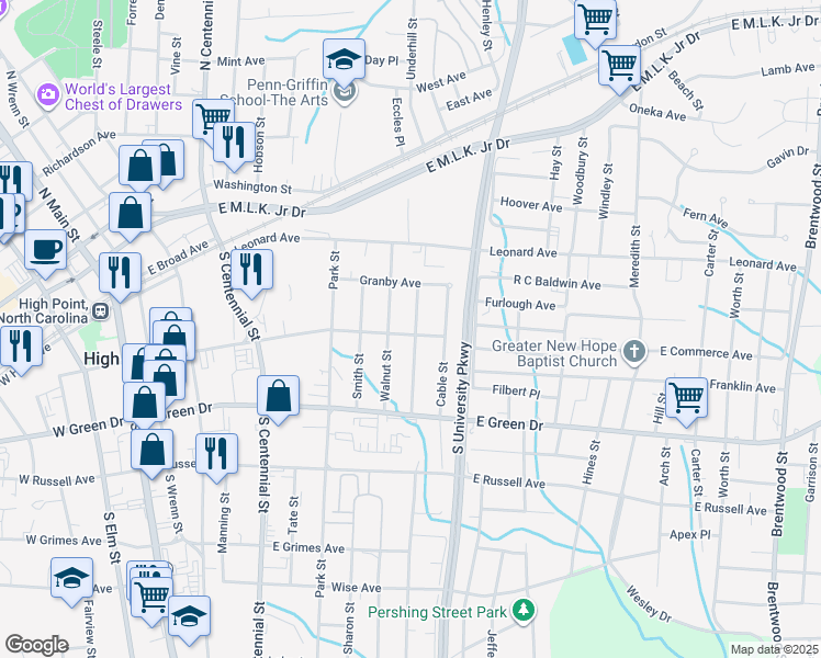 map of restaurants, bars, coffee shops, grocery stores, and more near 421 Whiteoak Street in High Point