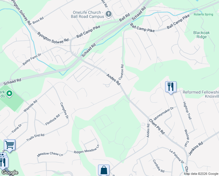 map of restaurants, bars, coffee shops, grocery stores, and more near 8524 Reagan Woods Lane in Knoxville