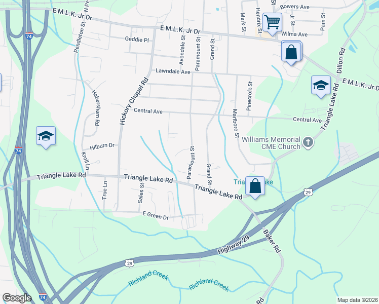 map of restaurants, bars, coffee shops, grocery stores, and more near 635 Paramount Street in High Point