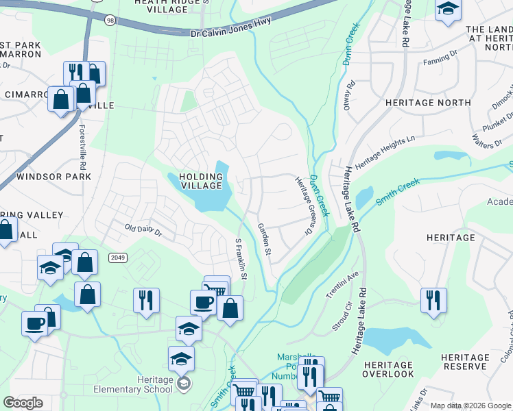 map of restaurants, bars, coffee shops, grocery stores, and more near 1521 Garden Street in Wake Forest